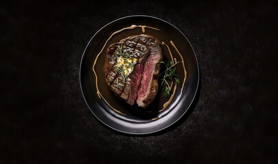  a piece of steak on a plate with a garnish on top of it on a black tablecloth with a gold trim around the edge.  generative ai