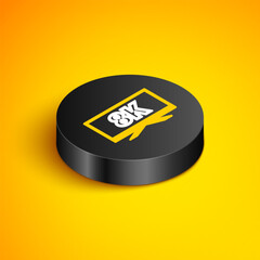 Isometric line Screen tv with 8k Ultra HD video technology icon isolated on yellow background. Black circle button. Vector
