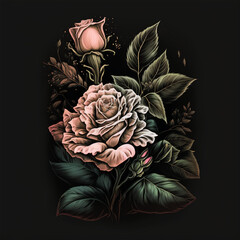dark rose into dark background illustration for t-shirt print made with generative AI