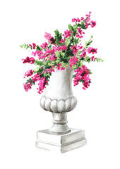 Garden decorative marble flowerpot, Landscape design element. Hand drawn watercolor illustration isolated on white background