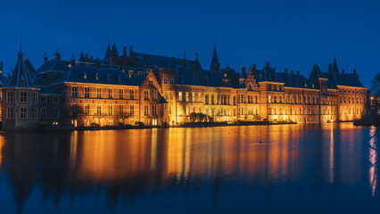 The Hague's Binnenhof with the Hofvijver lake at dusk, Den Haag, Netherlands