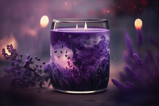  a purple candle with a picture of a field of lavender flowers in it and a candle holder in the middle of the photo with a candle in the middle of the picture.  generative ai