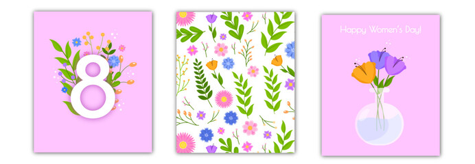 
Vector set of illustrations for Women's Day, March 8 with a floral pattern and cards with flowers for wedding, anniversary, birthday and party. Design for banner, poster, card, invitation and scrapbo