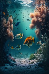 Naklejka na ściany i meble underwater_Landscape with fishes. Generative ai.