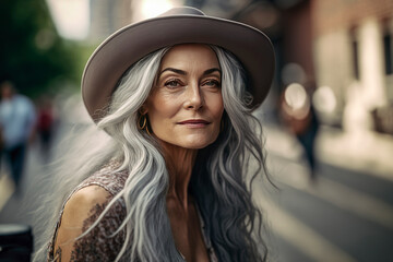 Generative AI illustration of beautiful 60 year old woman with gray hair on the streets of New York. - obrazy, fototapety, plakaty