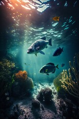 Fototapeta na wymiar underwater_Landscape with fishes. Generative ai.