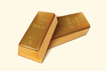 Two Gold bars on isolated background. 1gm Gold Ingot. 3D Render. Vector illustration.