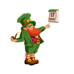 A leprechaun with a smoking pipe. The symbol of the St. Patrick's Day holiday. Color vector illustration isolated on a white background in a cartoon style.