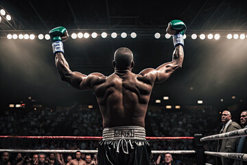 AI Generative Illustration of a black heavyweight boxer raising his arms in victory in the ring
