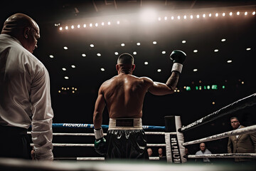 Generative AI Illustration of a boxer saluting with a raised fist from the ring to the public next to the match judge