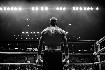Fototapeta na wymiar AI Generative Illustration of a black heavyweight boxer in the ring waiting to box.Photography black and white 