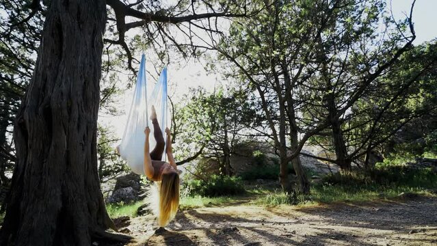 Wide-angle view pretty woman practice stretching exercise of aero-yoga hanging on ropes upside-down on tree branch against green bushes in bright backlit, tracking shot