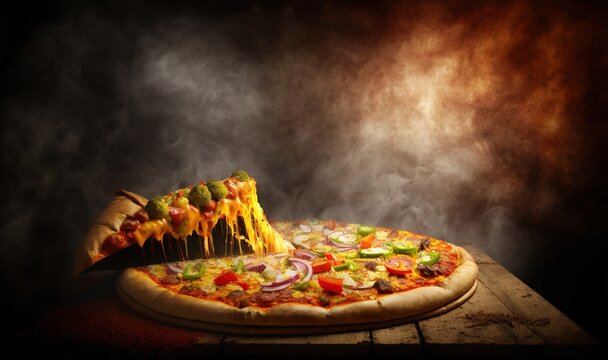 a pizza with a slice taken out of it on a wooden table with smoke behind it and a dark background with a red light behind it.  generative ai