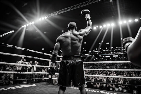 Generative Illustration AI of a black heavyweight boxer saluting with a raised fist from the ring to the audience