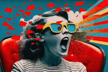 Woman in retro style with great enthusiasm watching a movie in a cinema with red chairs, expression, excited woman, modern art collage, contemporary photo collage, vintage, comic style, Generative AI - obrazy, fototapety, plakaty