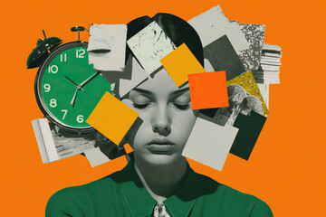 Young woman with chaos around her head from documents and watches, the concept of time management, chronic fatigue and overwork, contemporary art collage, modern design, Generative AI - obrazy, fototapety, plakaty
