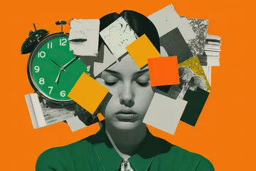 Foto op Canvas Young woman with chaos around her head from documents and watches, the concept of time management, chronic fatigue and overwork, contemporary art collage, modern design, Generative AI © Jannissimo