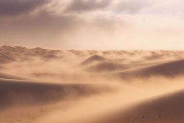 Fototapeta na wymiar Desert sand landscape. Atmospheric scenic imaginary view. Clouds and sandstorm. Generative AI
