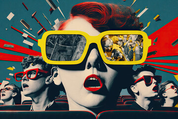 Woman in retro style with great enthusiasm watching a movie in a cinema with red chairs, expression, excited woman, modern art collage, contemporary photo collage, vintage, comic style, Generative AI - obrazy, fototapety, plakaty