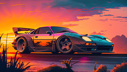 90s retro design with sports car and sunset view