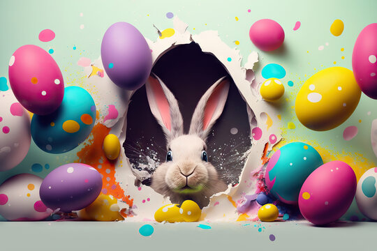 Rabbit tore a hole in a paper background, jumps out of a hole in a blue wall, fluffy eared rabbit, easter bunny banner, rabbit jumps out of a torn hole, Generative AI