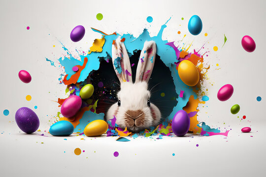 Rabbit tore a hole in a paper background, jumps out of a hole in a blue wall, fluffy eared rabbit, easter bunny banner, rabbit jumps out of a torn hole, Generative AI