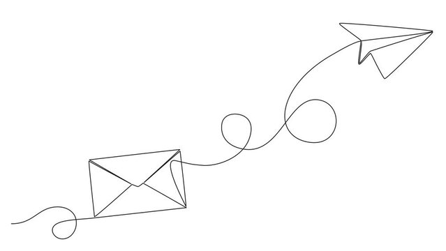 animated continuous single line drawing of envelope and paper plane, line art animation