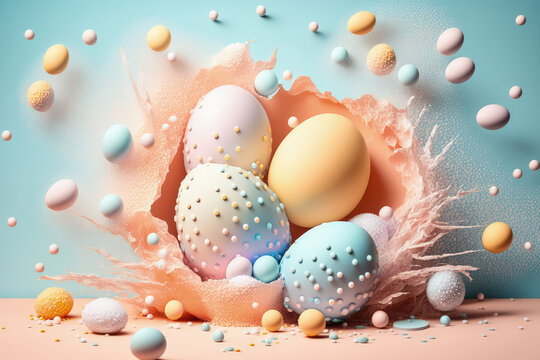 Colorful Easter eggs in retro, pop art style. Volumetric image, geometric shapes, pastel bright colors. Generative AI
