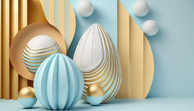 Colorful Easter eggs in art deco, renaissance style, golden color with blue. Volumetric image, ruffles, complex decorative details, lace. Generative AI