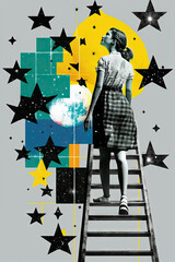 Woman in retro style climbs the stairs to the stars, stairway to the sky, achieving goals, dreams and making dreams come true, contemporary art collage, retro, vintage style, Generative AI