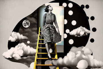 Woman in retro style climbs the stairs to the stars, stairway to the sky, achieving goals, dreams and making dreams come true, contemporary art collage, retro, vintage style, Generative AI
