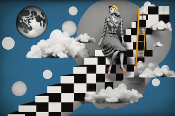 Woman in retro style climbs the stairs to the stars, stairway to the sky, achieving goals, dreams and making dreams come true, contemporary art collage, retro, vintage style, Generative AI - obrazy, fototapety, plakaty