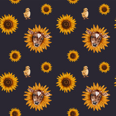 Seamless hand drawn pattern with a calf in a sunflower and a chicken. Flower background for textiles, fabrics, banner, wrapping paper and other designs. Digital illustration on dark blue background