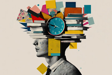 Tired man with a stack of books, chaos of papers and clock on his head, concept of time management, baggage of knowledge, overwork, cyber hygiene, contemporary art collage, Generative AI - obrazy, fototapety, plakaty