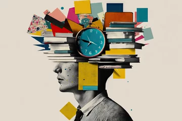 Foto auf Acrylglas Tired man with a stack of books, chaos of papers and clock on his head, concept of time management, baggage of knowledge, overwork, cyber hygiene, contemporary art collage, Generative AI © Jannissimo