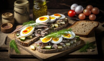  a cutting board topped with sliced bread and hard boiled eggs on top of it next to a jar of pickles and a jar of pickles.  generative ai