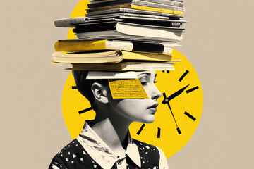 Tired woman with a stack of books, chaos of papers and clock on his head, concept of time management, baggage of knowledge, overwork, cyber hygiene, contemporary art collage, Generative AI - obrazy, fototapety, plakaty
