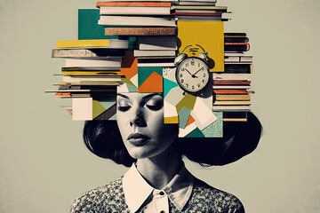 Tired woman with a stack of books, chaos of papers and clock on his head, concept of time management, baggage of knowledge, overwork, cyber hygiene, contemporary art collage, Generative AI - obrazy, fototapety, plakaty