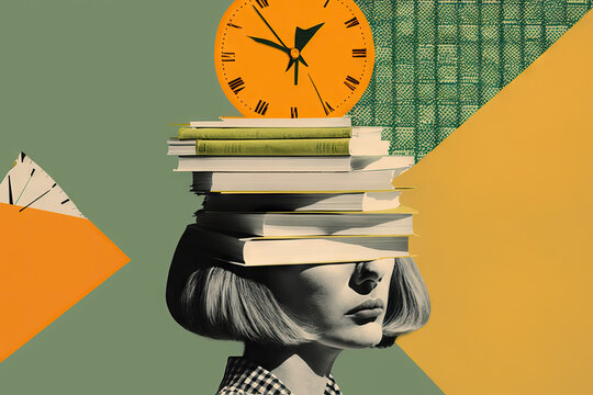 Tired woman with a stack of books, chaos of papers and clock on his head, concept of time management, baggage of knowledge, overwork, cyber hygiene, contemporary art collage, Generative AI