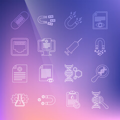 Set line DNA research, search, Magnet with money, lightning, Clinical record monitor, Network port cable socket, Bandage plaster and Syringe icon. Vector