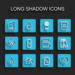 Set line Recycle clean aqua, Eco friendly house, Canister machine oil, nature leaf and battery, heart, Battery, and Oil barrel icon. Vector