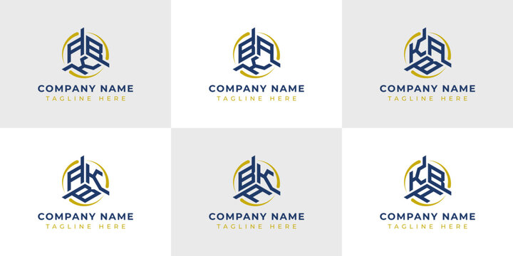 Letter ABK, AKB, BAK, BKA, KAB, KBA Hexagonal Technology Logo Set. Suitable for any business.