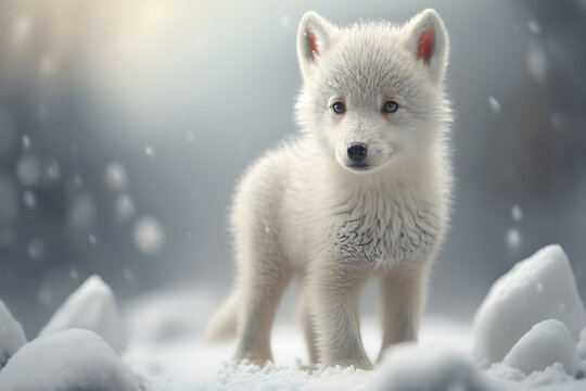 Cute white wolf baby playing in winter snow generative ai