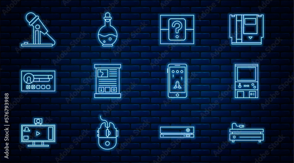 Poster set line video game console, retro arcade machine, mystery or random box, game guide, create account