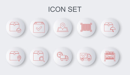 Set line Warehouse, Location with cardboard box, Placeholder map, Delivery truck check mark, Package, Search package and and clock icon. Vector