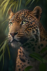 Obraz premium Leopard in a jungle looking at the camera. Generative AI