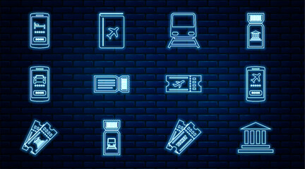 Set line Museum building, Mobile with ticket, Train, Ticket, Online car sharing, hotel booking, Airline and Cover travel guide icon. Vector