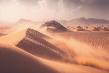 Fototapeta na wymiar Desert sand landscape. Atmospheric scenic imaginary view. Clouds and sandstorm. Generative AI