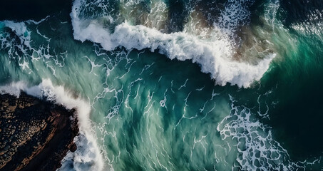 Obraz na płótnie Canvas an ocean seen from above, drone shot, parrallel waves breaking on shore, in the style of Monet abstract, big brush strokes. 