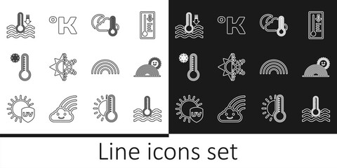Set line Water thermometer, Rainbow with sun, Thermometer and cloud, moon, Sun snowflake, Meteorology, and Kelvin icon. Vector